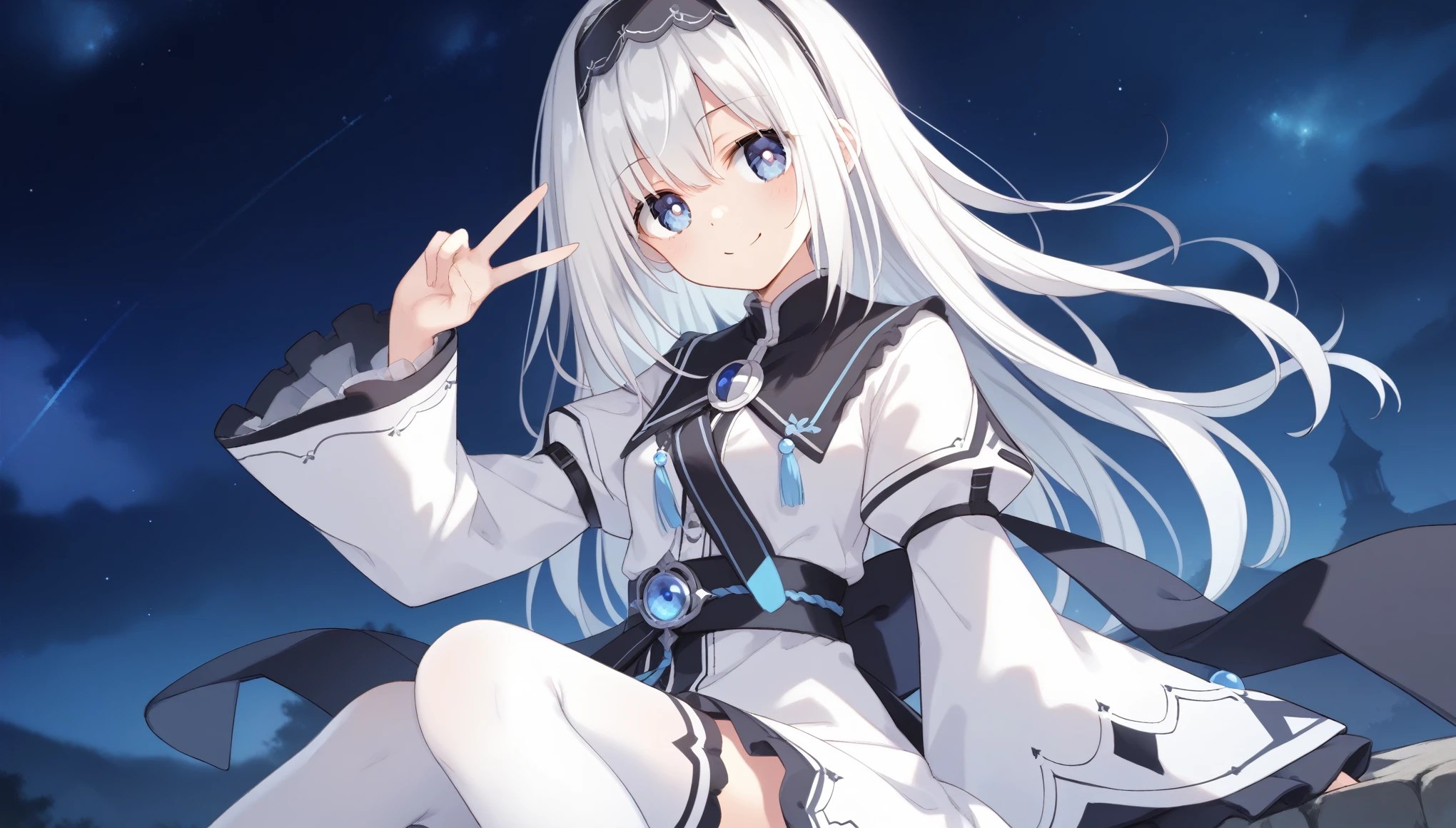 score_9, score_8_up, score_7_up, arusu maria,1girl, solo, long hair, blue eyes, white hair,hair between eyes,white dress,white thighhighs, long sleeves, wide sleeves,black hairband,Face, upper body, peace pose, smiling, sit, rised hand, black night sky, bright eyes
