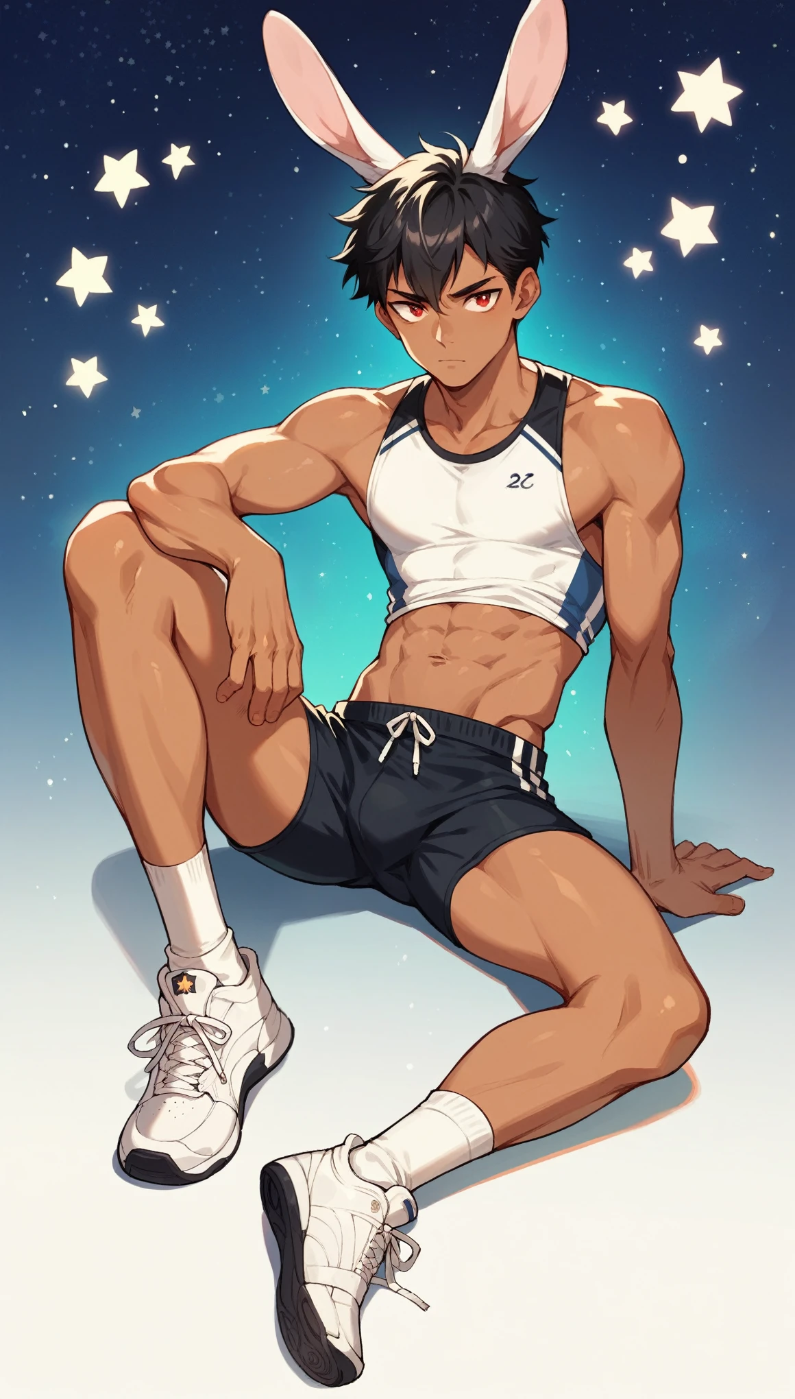 Handsome boy,Black Hair,Tanned skin,Rabbit ears,Sportswear,Slim body,sit,He has a pair of warm red eyes,Stars background,White socks,White sneakers,Vision