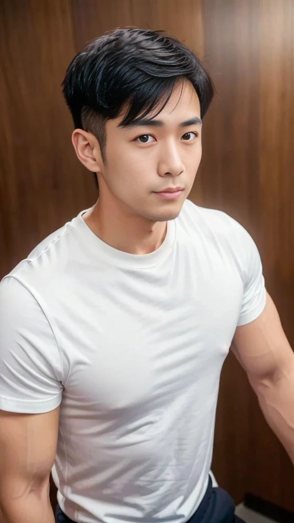 (((male))), 36 years old, Japanese, HD, True-to-life imagery, Upper body composition, The face is illuminated, Black short straight hair, Sharp eyebrows, Squinting,With a hint of cunning, Pointed nose, Thin lips smile, Wearing navy round-neck T-shirt,Roll up your sleeves,, Background is a modern office environment