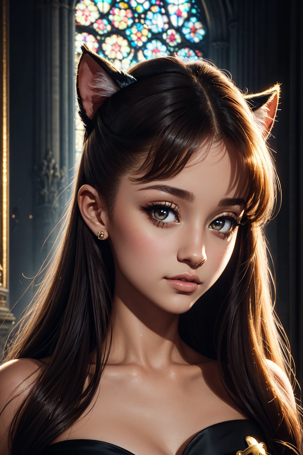 portrait Ariana Grande, wearing breasts catgirl costume, on the background Notre-Dame Cathedral in Paris, character portrait, 3 9 9 0 s, long hair, intricate, elegant, highly detailed, digital painting, artstation, concept art, smooth, sharp focus, illustration, art by wlop, charlie bowater and alexandra fomina, 36k