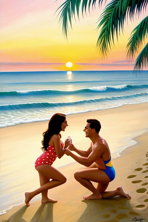 (animated cartoon)(people in bathing suit)( oil drawing) beachfront, sunset, marriage proposal 