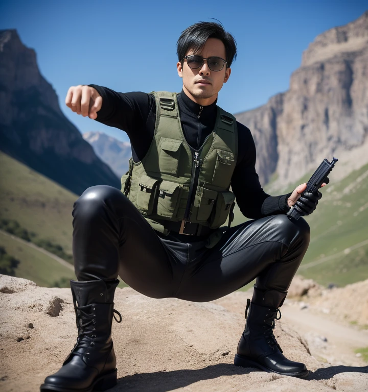 45 years old,One Man,Black bodysuit、Dark green bullet vest、Israeli fighters,Cliff in the mountains、Sit with your legs wide open、Hold a gun,logic,Gay ,ぼさぼさのShort Hair、Short Hair、Black Hair、Stubble,Handsome、Fighting spirit、The  area is bulging。Shocker Belt、Black boots、Black gloves、Black sunglasses
