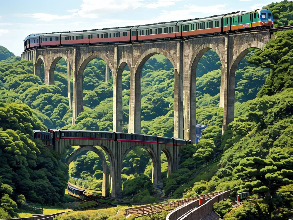 Masterpiece, best quality,An elevated bridge stretches in a straight line from left to right in a local city in Japan. (A retro-designed train runs on the viaduct:1.5)
