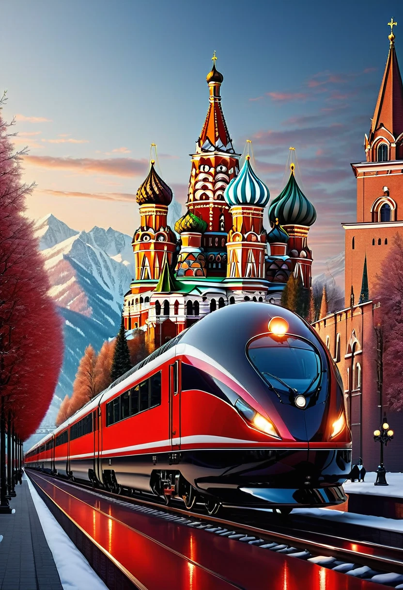 crystal train + with red backlight +in the style of St. Basil, high resolution, high detail