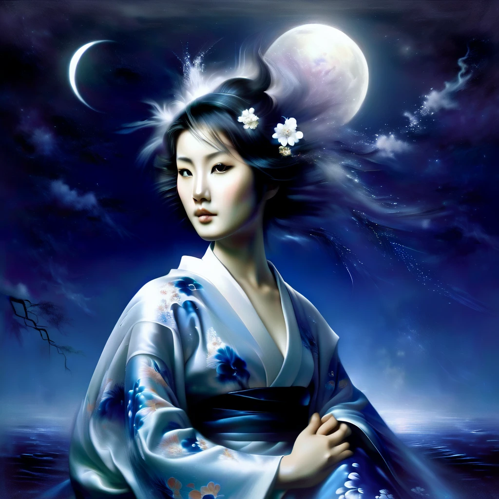 Ghost in the Moonlight，Unhappy young woman in kimono、Airbrush Style, Beautiful details