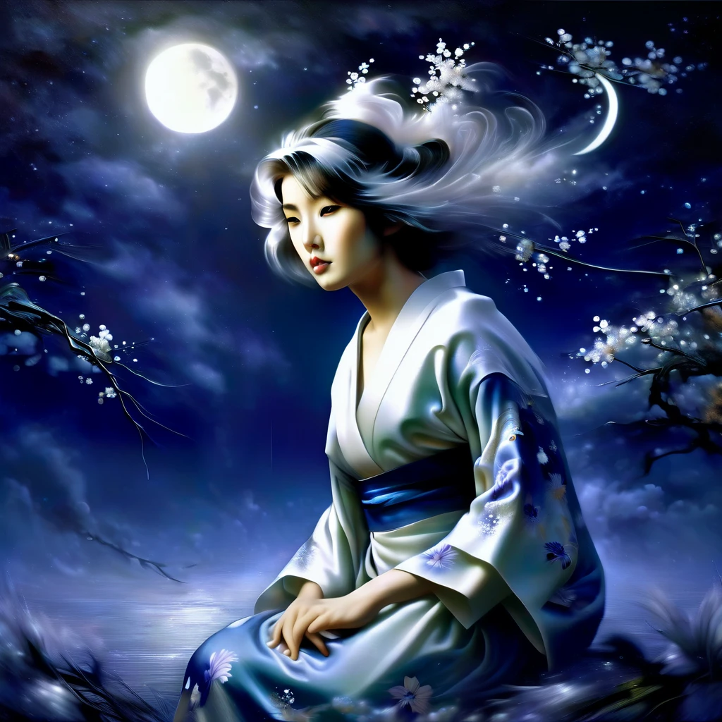 Ghost in the Moonlight，Unhappy young woman in kimono、Airbrush Style, Beautiful details