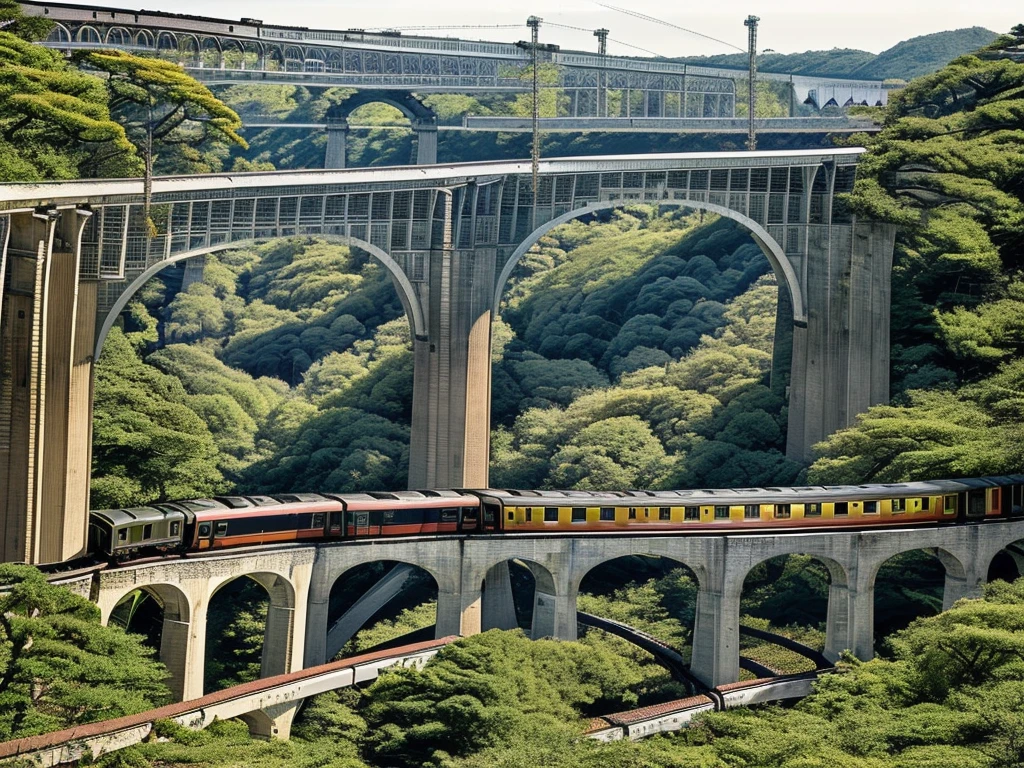 Masterpiece, best quality,An elevated bridge stretches in a straight line from left to right in a local city in Japan. (A retro-designed train runs on the viaduct:1.5)