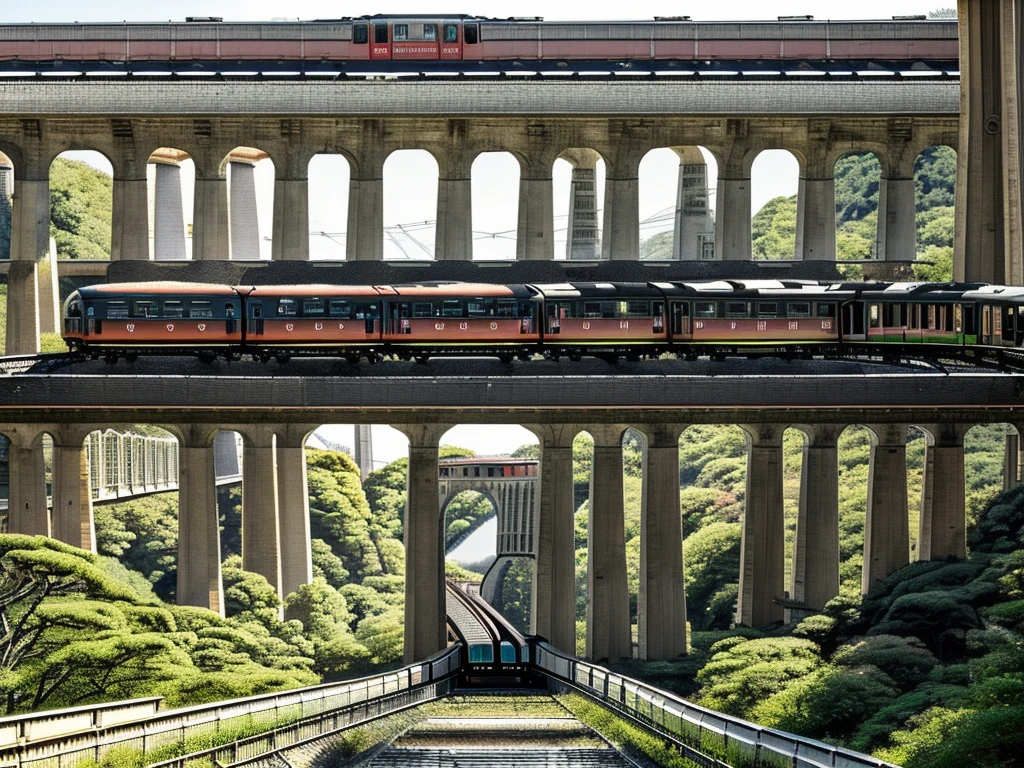 Masterpiece, best quality,An elevated bridge stretches in a straight line from left to right in a local city in Japan. (A retro-designed train runs on the viaduct:1.5)