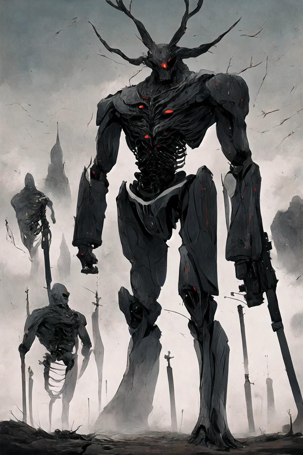 (((Highest quality)))(((Best Image)))(((anatomy)))外見は黒いfog,Wear shiny armor,Modern Battle Suits(((Appearance)))The shape is humanoid,Wearing armour(((Features)))Eyes glowing red,The shape is made of purple glowing matter..Possess modern weapons.(((male)))The skeleton is human-like、Muscle fibers are visible,fogのようなガス状のもので構築している(((background)))Barren Land,dead tree,fog,Chaotic world(((Standing posture)))Battle Scenes,overwhelmingly strong,Symbol of Terror,Highest quality。