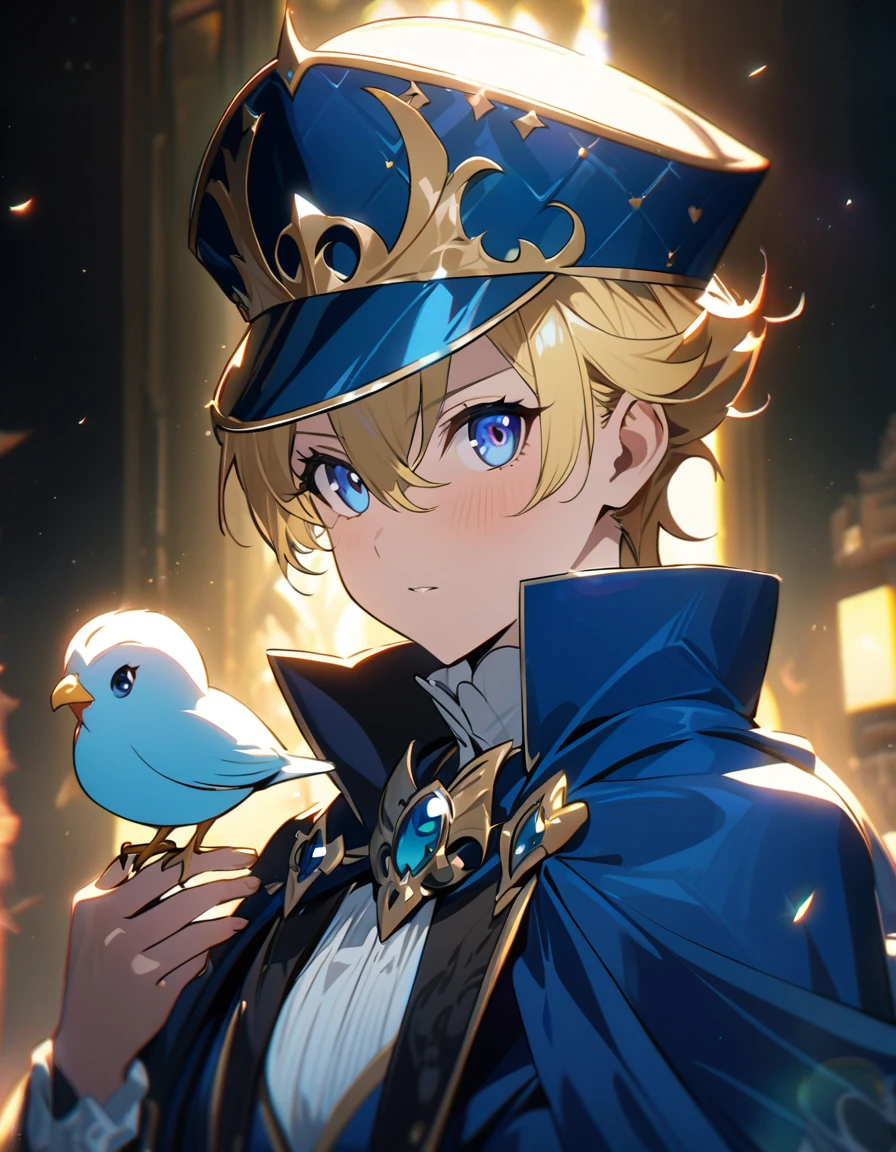 "{{masterpiece}}, Highest quality, Cinema Lighting, Captivating lens flare,Wearing a blue cape and hat、Anime character holding a bird, Portrait of the Magical Blonde Prince, Inspired by Le Chevalier,Machiavelli&#39;s Puppet Master, okita sougo, 青い目をした背の高いアニメのmale,Handsome,male, [[[[smile wickedly]]]], Anime boy with orange hair, Zero-chan, Fascinating colorful light particles, Attractive heterochromia, (Vivid and vibrant:1.5), (Vibrant and lively hair:1.5).", Cyan eyes, , (8k, Original photo, Highest quality, masterpiece: 1.2), (practical: 1.6), (masterpiece), (Highest quality: 1.0), (Ultra-high resolution: 1.0), detailed, only, detailed beautiful skin, detailed room, practical skin, High quality CG, fair