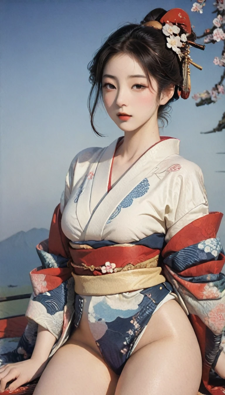 Follicle-stimulating hormone,(Masseter membrane、Top quality、Ukiyo-e style、mystery、Exquisite beauty、Official Art、Sharaku:1.2)、(1 girl touching:1.3)、(Practical:1.3)、Cowboy shooting、White skin、(Beautiful brunette、kimono:1.2)、Blue sky and white clouds,Cherry blossoms as the background、Colorful、(Japanese style:1.2)、Radiant Skin,Open your thighs:1.9,Hips:2.0