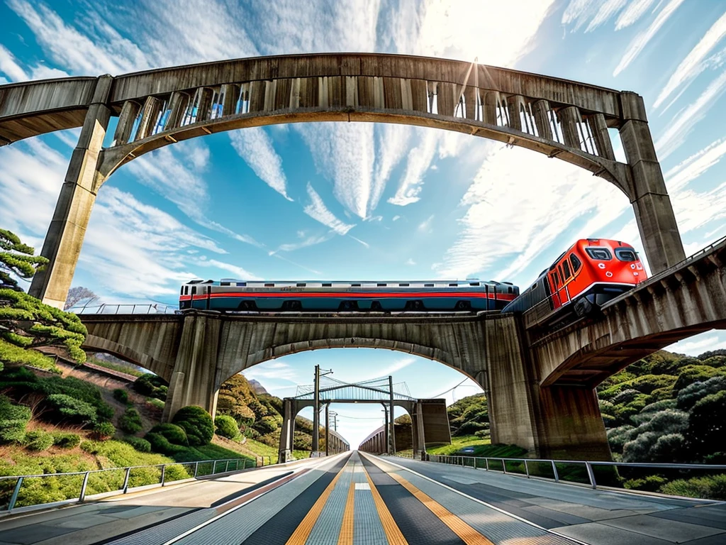 Masterpiece, best quality,An elevated bridge stretches in a straight line from left to right in a local city in Japan. (A retro-designed train runs on the viaduct:1.5)