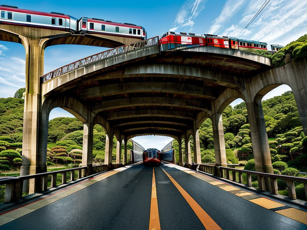 Masterpiece, best quality,An elevated bridge stretches in a straight line from left to right in a local city in Japan. (A retro-designed train runs on the viaduct:1.5)