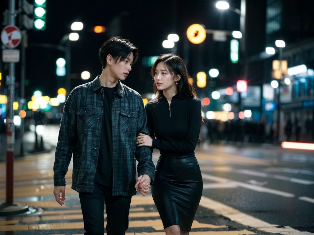A stunning ultra-high cinematic portrait photo captures the essence of modern urban sophistication with young and stylish Korean couples. The man, dressed in flannel and a white shirt with blue jeans, exudes charm and confidence, while the woman dons a simple white top. Looking at the camera. Together, they share a intimate moment on a rain-soaked street at night, with glittering traffic lights reflecting on the wet sidewalks. The city's skyline looms in the background, showcasing towering buildings that pierce the sky. The sharp, highly realistic image quality, dynamic composition, and expert typography create a captivating portrait that captures the essence of fashion, urban style, and the romantic atmosphere of the scene., portrait photography, typography, cinematic