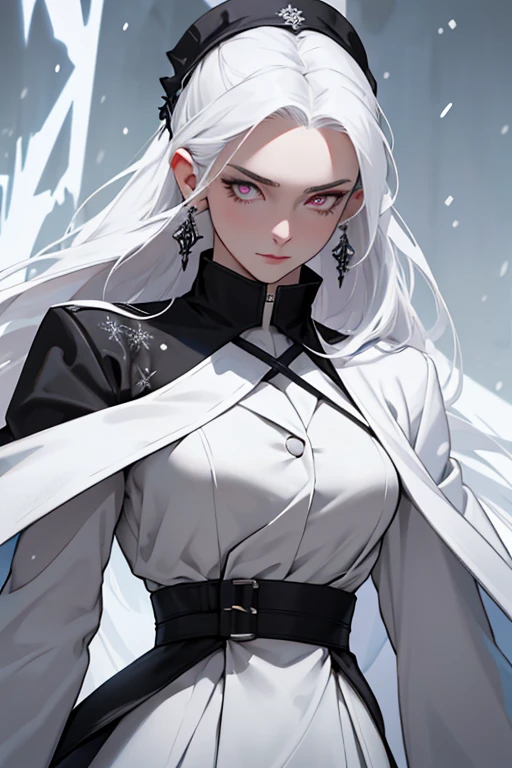 Masterpiece ,Detailed face, detailed hands, best quality, 1girl, girl, fairly tall woman who had pale skin and eyes that had pure black irises and a red "x"-shaped pupil. Her asymmetric long length snow white hair had the occasional black streaks swept to the right side of her head. She wore small black and white snowflake-pattern earrings. During the funeral of La Signora, The Knave, like her fellow Harbingers, wore a double-breasted white overcoat with grey lapels and a collar of black fur. She also has a Snezhnayan Pyro Vision attached to the back of her nape.