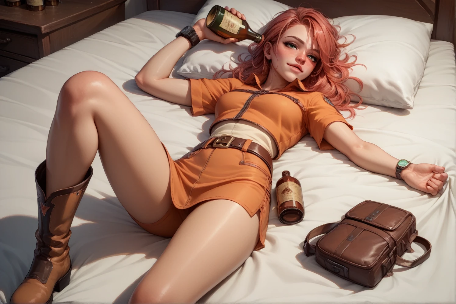 Gemini Sunrise,Tight short sleeves,Western belt with holster,Western Boots,Watch on wrist,Drunk,Sexy face,Above the knee shot,Strong hiccups,Lying in bed,Ultra high definition,16K