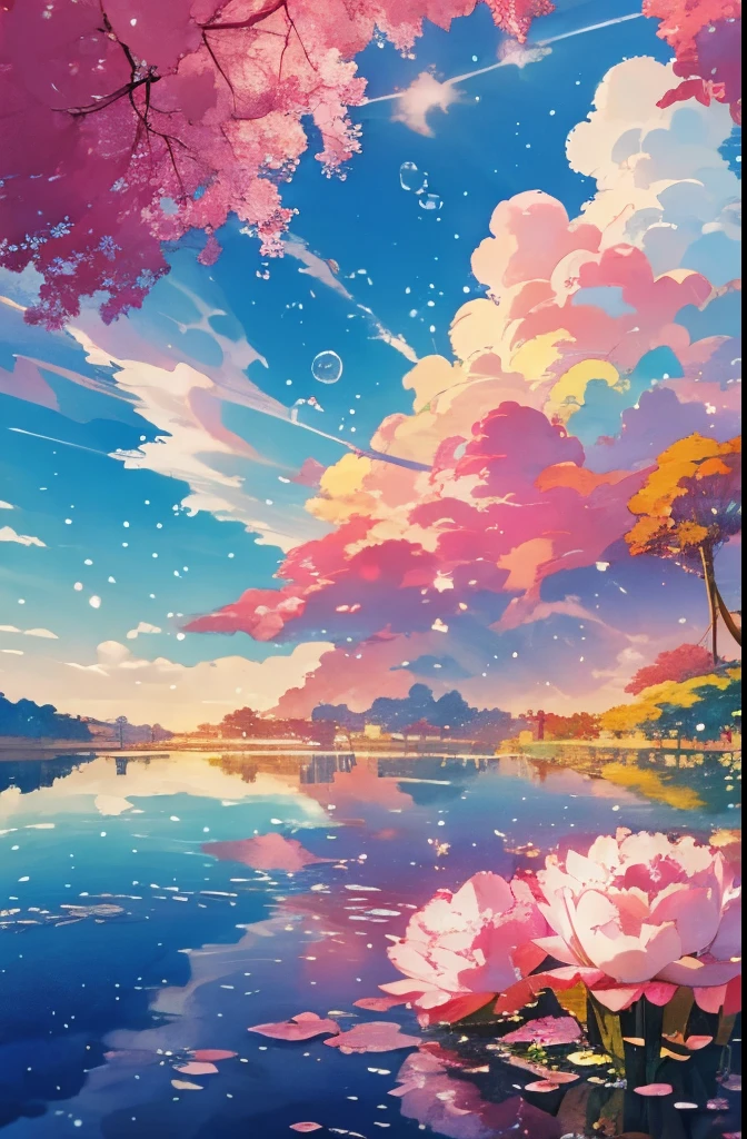 ocean scenery, colorful anime movie background, floating bubbles, escaping air bubbles, anime background art, dreamy psychedelic anime, beautiful anime scene, beautiful anime scenery, anime background, clear sky, shinny day, a lot of tulips