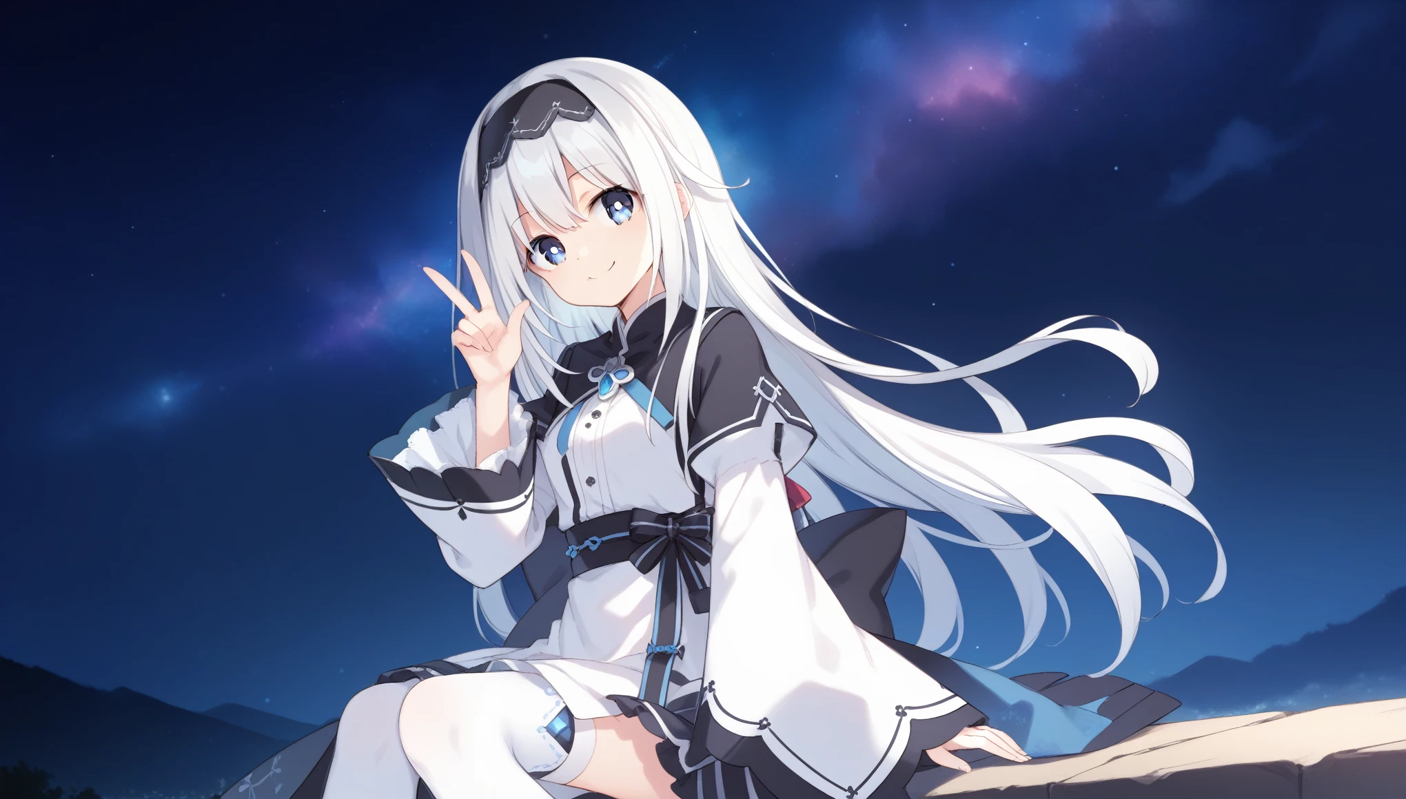 score_9, score_8_up, score_7_up, arusu maria,1girl, solo, long hair, blue eyes, white hair,hair between eyes,white dress,white thighhighs, long sleeves, wide sleeves,black hairband,Face, upper body, peace pose, smiling, sit, rised hand, black night sky, bright eyes