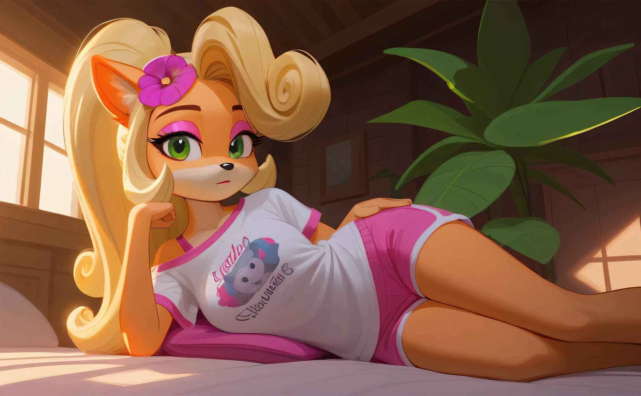 [Coco bandicoot], [Uploaded to e621.net; (Pixelsketcher), (wamudraws)], ((masterpiece)), ((solo portrait)), ((1girl)), ((raw photo)), ((front view)), ((furry; anthro)), ((detailed fur)), ((raytracing)), ((detailed shading)), ((beautiful 3D art)), {anthro; (orange fur, black nose), (sleepy cute green eyes; short eyelashes, blonde hair, curly ponytail, (sad), (frown), (white shirt, (pink lounge shorts)), (pink flower in hair), (beautiful feet; 4 toes, black claws), beautiful legs}, ((sitting on bed, looking down), [background; (bedroom; (wood-frame window), nighttime, starry sky, full moon, dark lighting)]