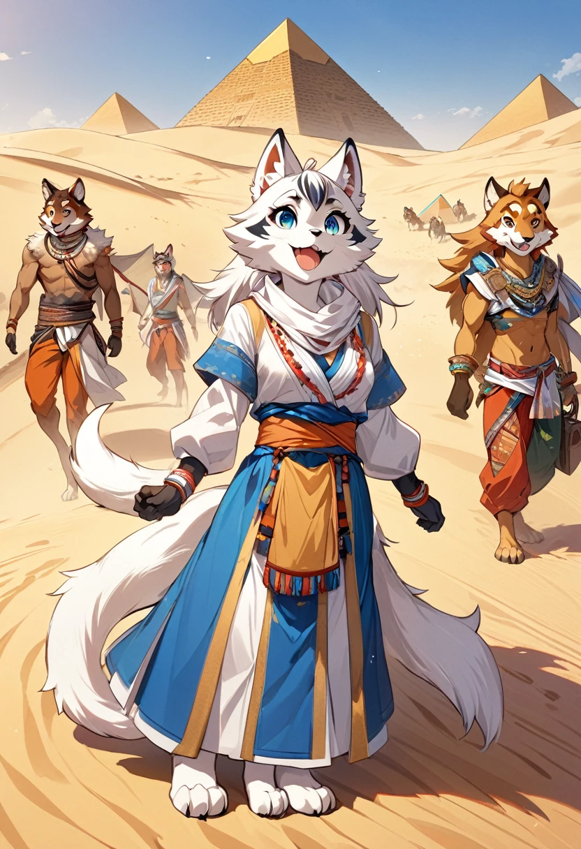 top quality, best quality, High-quality illustrations, masterpiece, super high resolution, detailed background, detailed background, desert, sand dunes, pyramid, Traditional costumes, boys, girls, Happy, joyful, absurdres(highly detailed beautiful face and eyes)perfect anatomy(kemono, furry anthro),