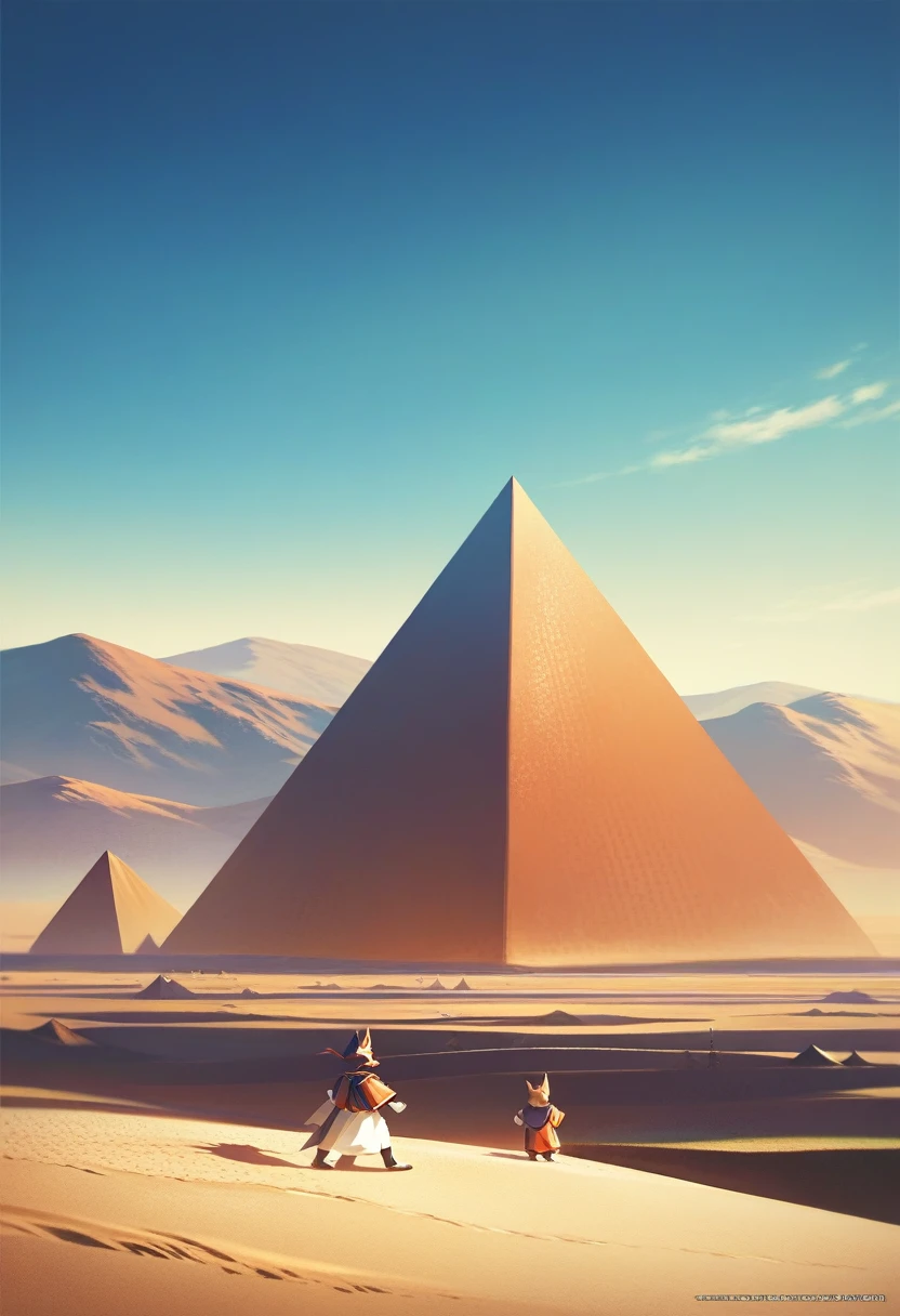 top quality, best quality, High-quality illustrations, masterpiece, super high resolution, detailed background, detailed background, desert, sand dunes, pyramid, Traditional costumes, boys, girls, Happy, joyful, absurdres(highly detailed beautiful face and eyes)perfect anatomy(kemono, furry anthro),