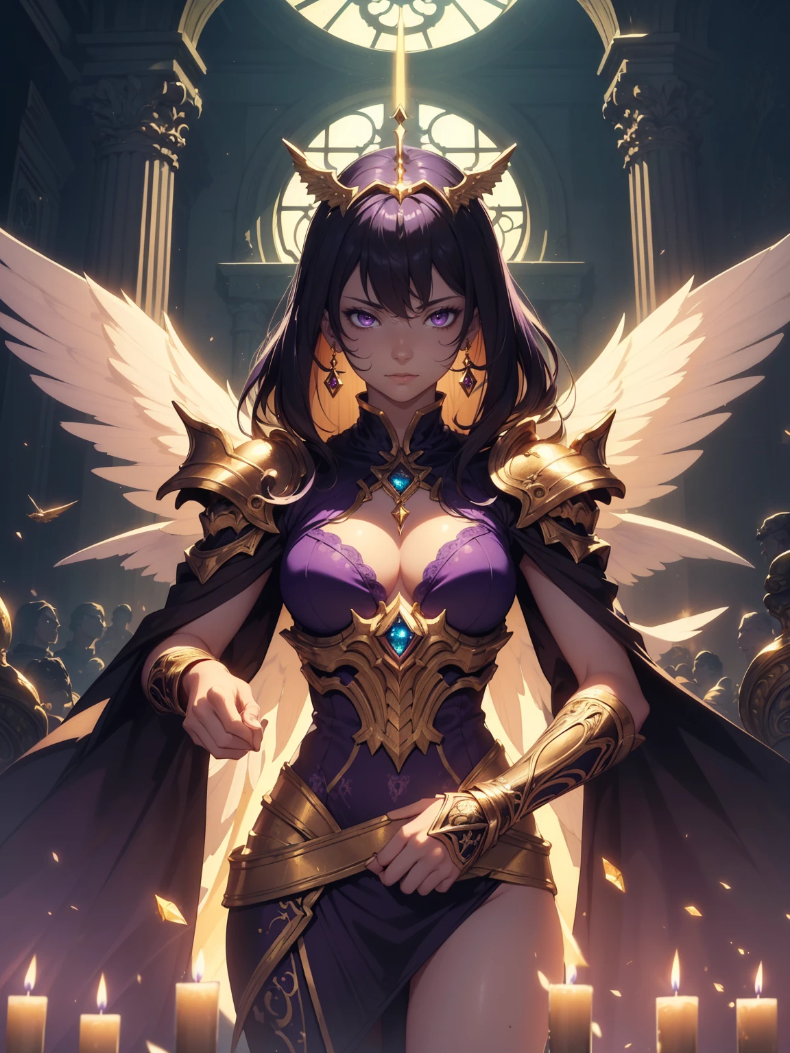 masterpiece, best quality, Detailed eyes, detailed face, Solo, Male, athletic build, Aasimar, white short hair, golden eyes, ((gold eyes)), wearing black outfit with gold trim, wearing a gem, (((purple gem))), wings, ((angle wings)), holding a candle, big window behind character, candles in background, (facing viewer, (extremely detailed CG unity 8k wallpaper), (best quality), (best illustration), (best shadow), absurdres, realistic lighting, (Abyss), beautiful detailed glow, art by PeterMohrBacher,