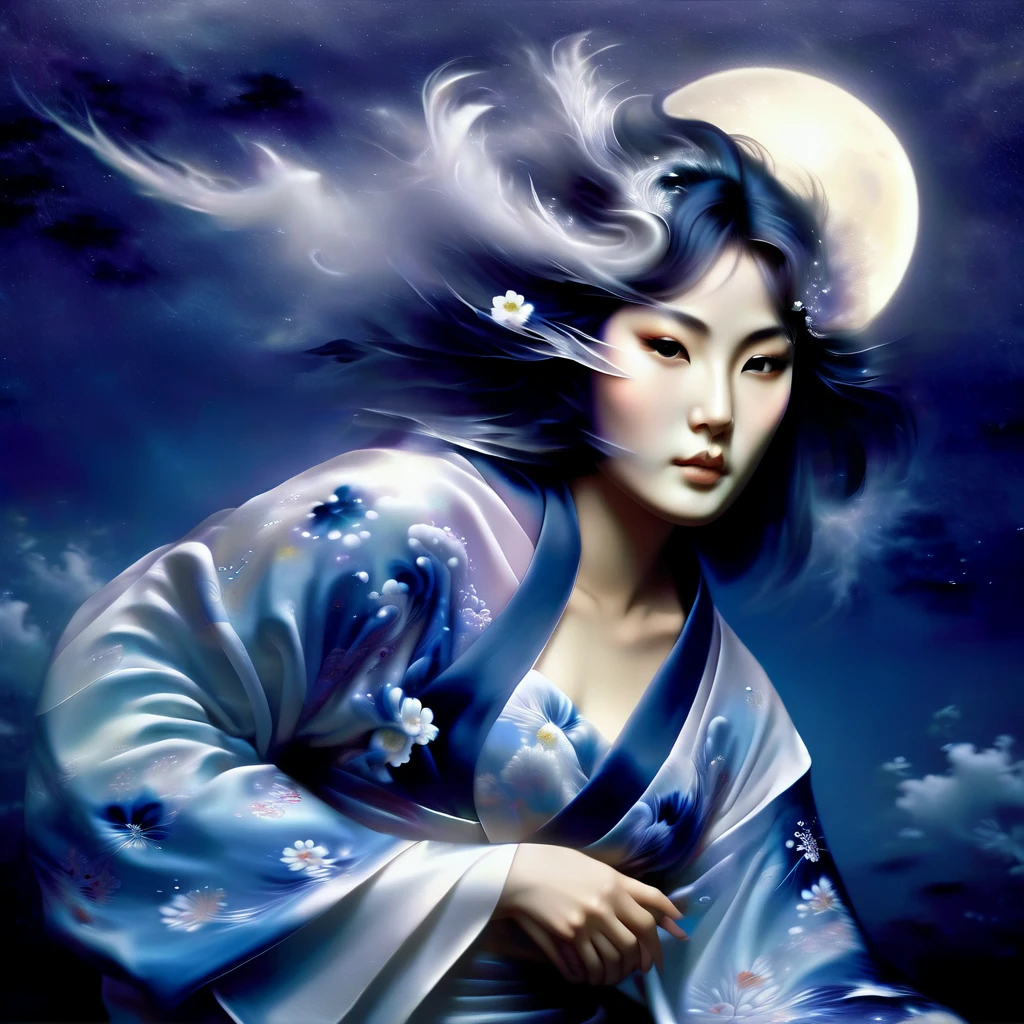 Ghost in the Moonlight，Unhappy young woman in kimono、Airbrush Style, Beautiful details、The lower half of the body becomes smoky