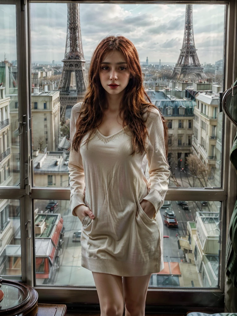 beautiful woman with long red hair, detailed face, piercing green eyes, delicate nose, full lips, elegant neck, standing near window in cozy apartment, Eiffel tower visible in background, morning light, warm colors, intricate details, cinematic lighting, photorealistic, high-quality, digital painting, portrait