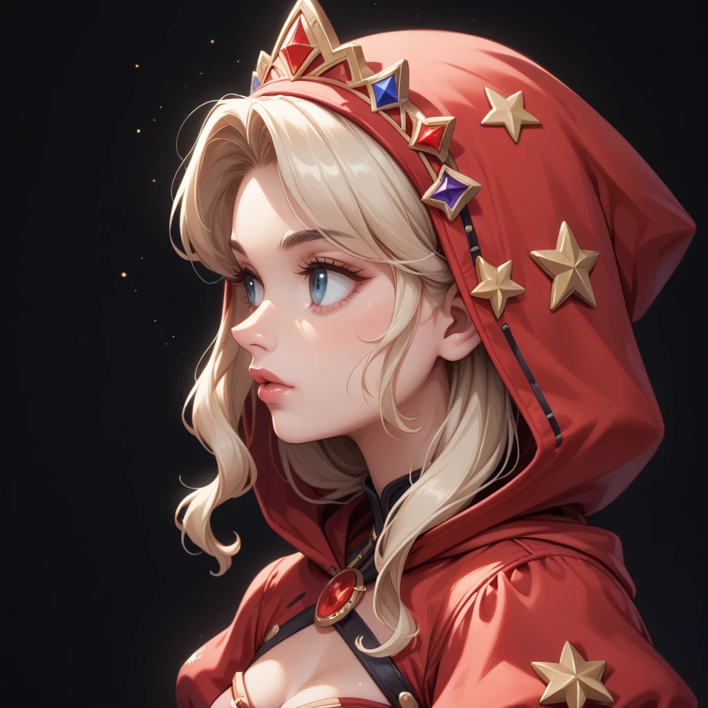 ((extreme detail)),(ultra-detailed), extremely detailed CG unity 8k wallpaper, velvet, figurine, red hood, crop top, star headdress, puffy sleeves, lips, looking away, close-up, head turn, black background