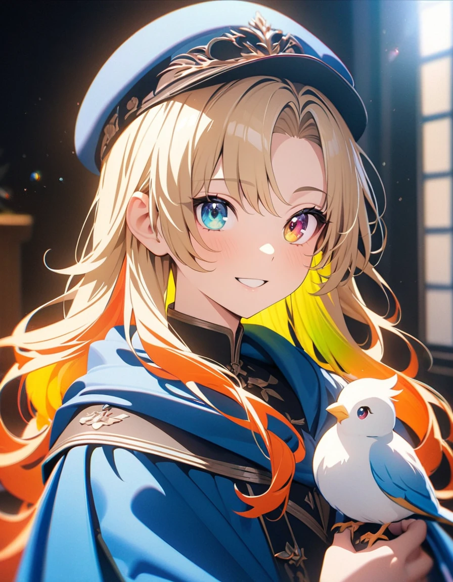 {{masterpiece}}, Highest quality, Cinema Lighting, Captivating lens flare,Wearing a blue cape and hat、Anime character holding a bird, Portrait of the Blonde Prince, 青い目をした背の高いアニメのmale,Handsome,male, [[[[smile wickedly]]]], Anime boy with orange hair, Zero-chan, Fascinating colorful light particles, Attractive heterochromia, (Vivid and vibrant:1.5), (Vibrant and lively hair:1.5).", Cyan eyes, , (8k, Original photo, Highest quality, masterpiece: 1.2), (practical: 1.6), (masterpiece), (Highest quality: 1.0), (Ultra-high resolution: 1.0), detailed, only, detailed beautiful skin, detailed room, practical skin, High quality CG, fair