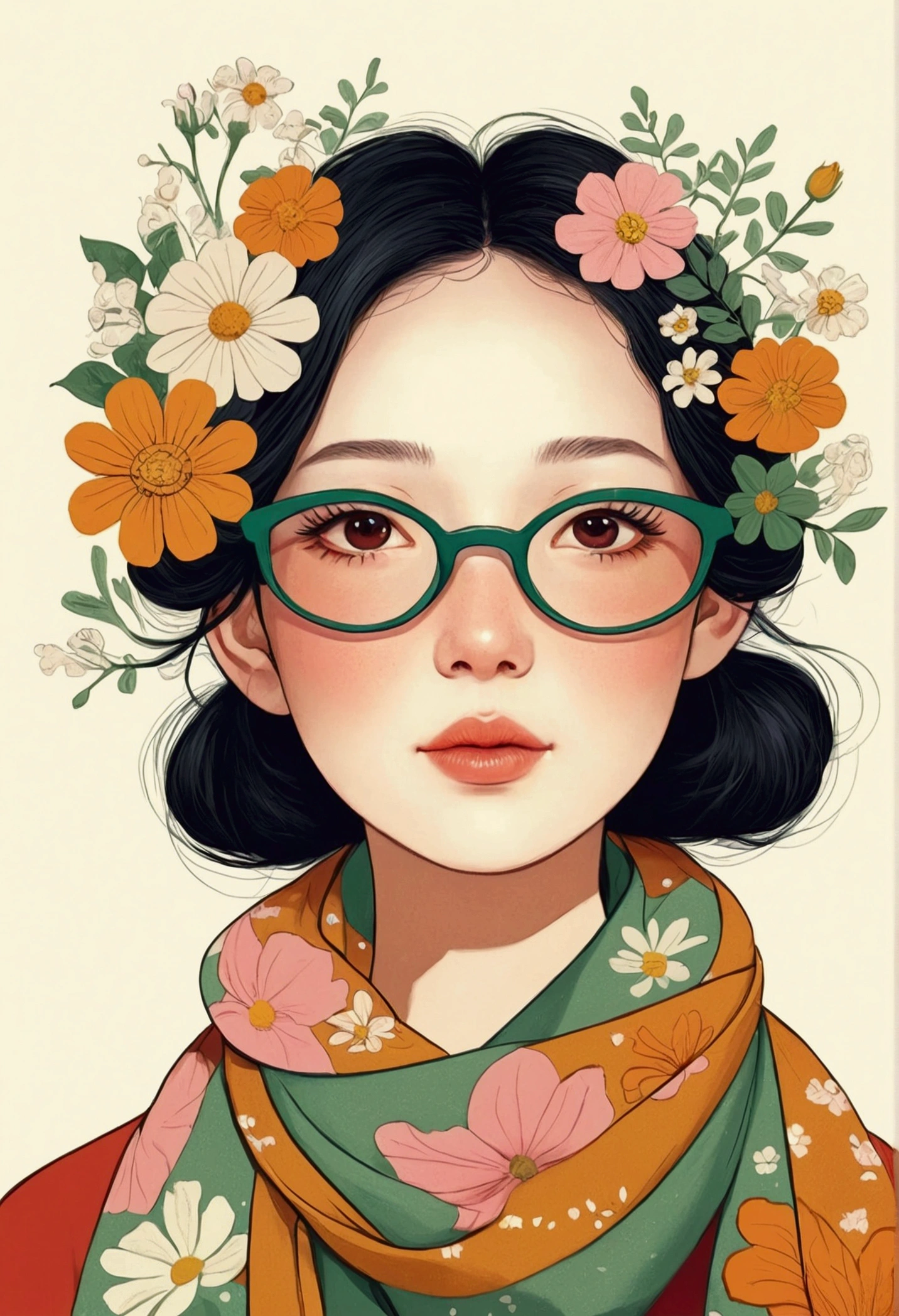 A face with flowers、Illustration of a lady wearing a scarf, 采用数码Illustration style, The art of math. @mariomaniacdude, The art of math illustration, Flowers covering eyes, Flower-faced girl, Cute illustrations, The breath of spring, Illustration Art, Illustration style, Drawn in a whimsical style, author:Rose Henriques, cute The art of math, Fantasy illustrations
