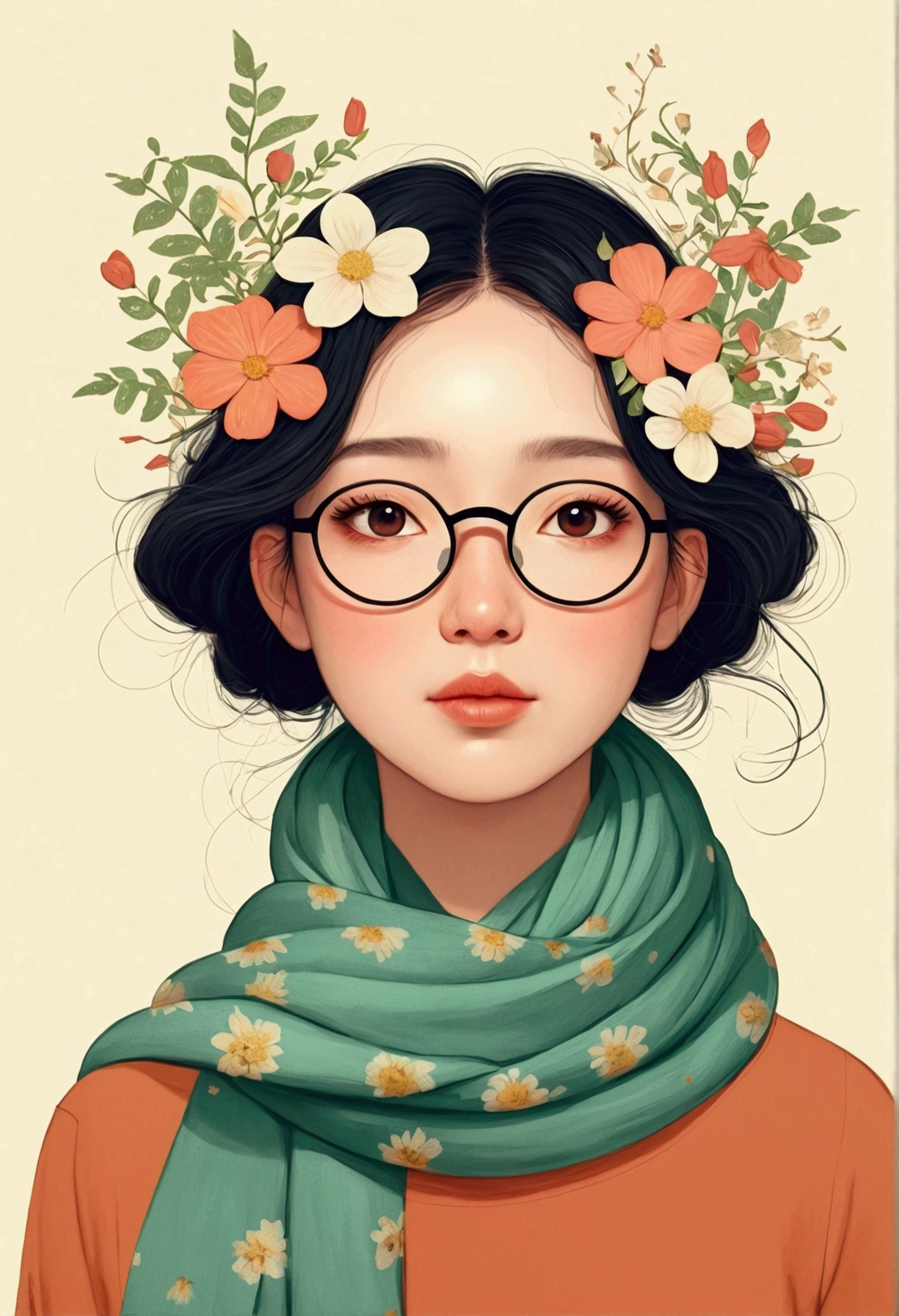 A face with flowers、Illustration of a lady wearing a scarf, 采用数码Illustration style, The art of math. @mariomaniacdude, The art of math illustration, Flowers covering eyes, Flower-faced girl, Cute illustrations, The breath of spring, Illustration Art, Illustration style, Drawn in a whimsical style, author:Rose Henriques, cute The art of math, Fantasy illustrations