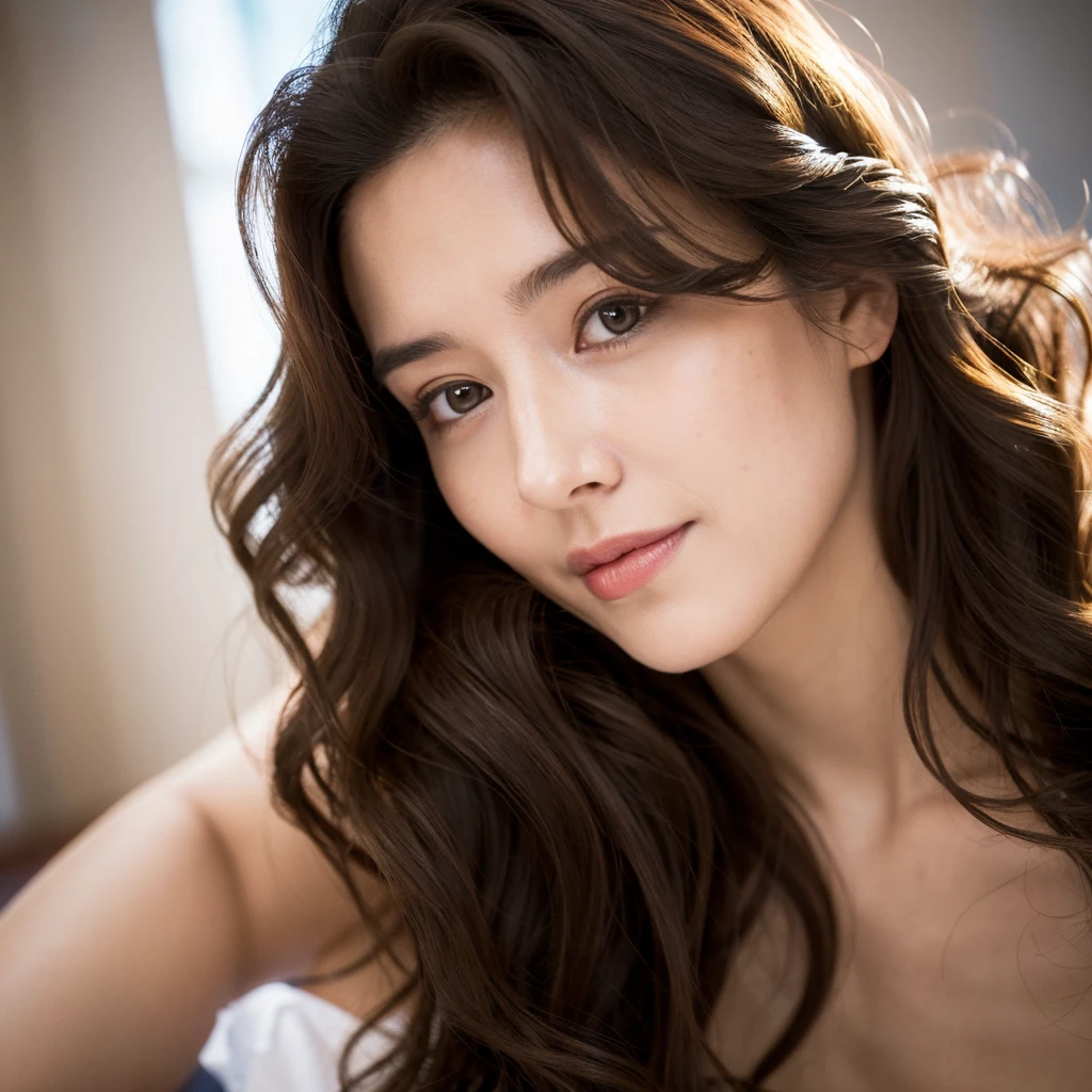 Beautiful mature woman with beautiful wavy long hair, close-up of her face, Glamorous woman, Ultra-high resolution,(Realistic:1.4), ((Highest quality)), ((masterpiece)), (be familiar with),