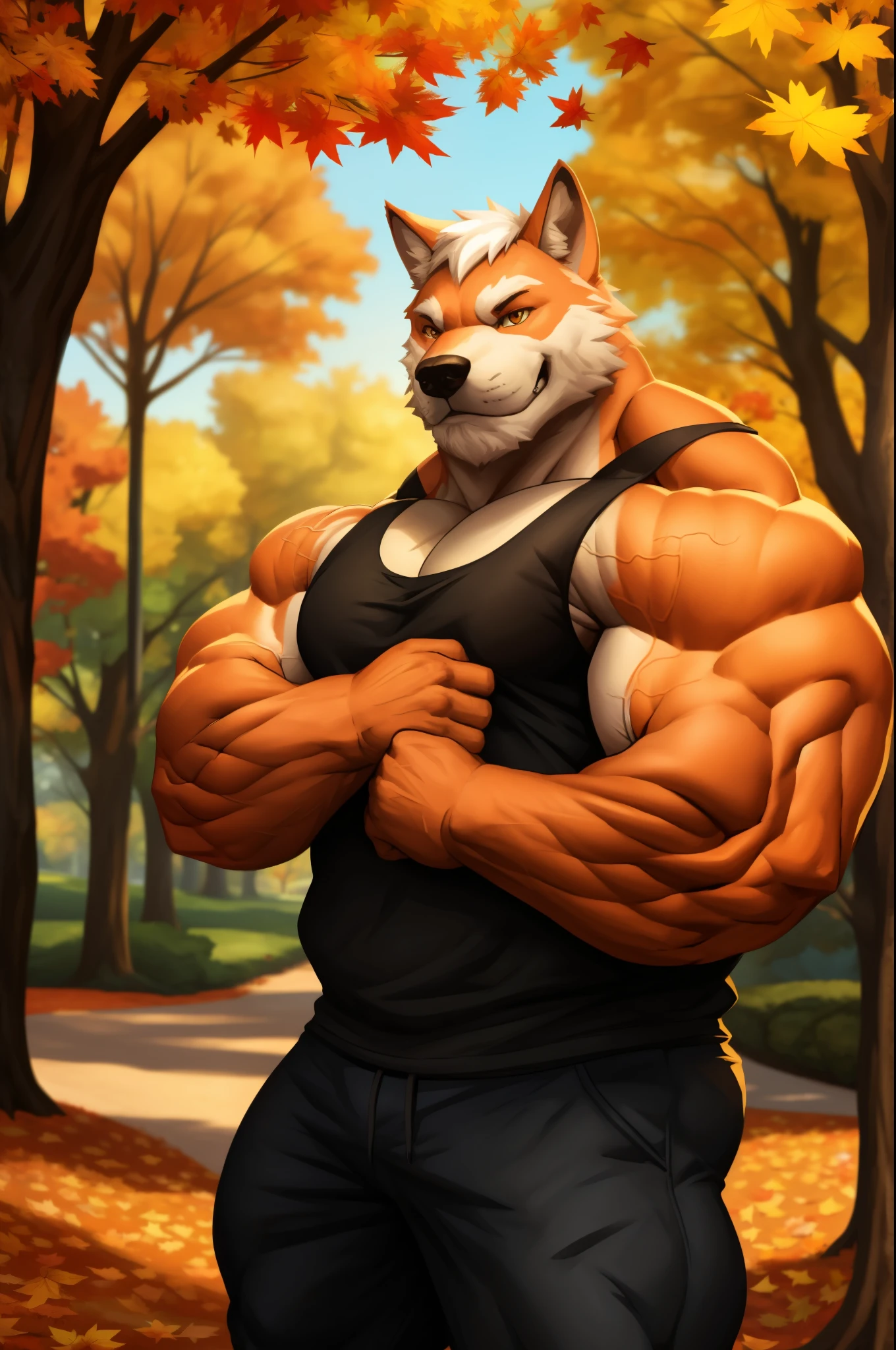 a muscular furry wolf in park, tank top, happy, autumn, vector, mwvector, bokeh, smile, (masterpiece:1.2),(best quality,8k),huge and muscular,thick arms,short hair,white hair