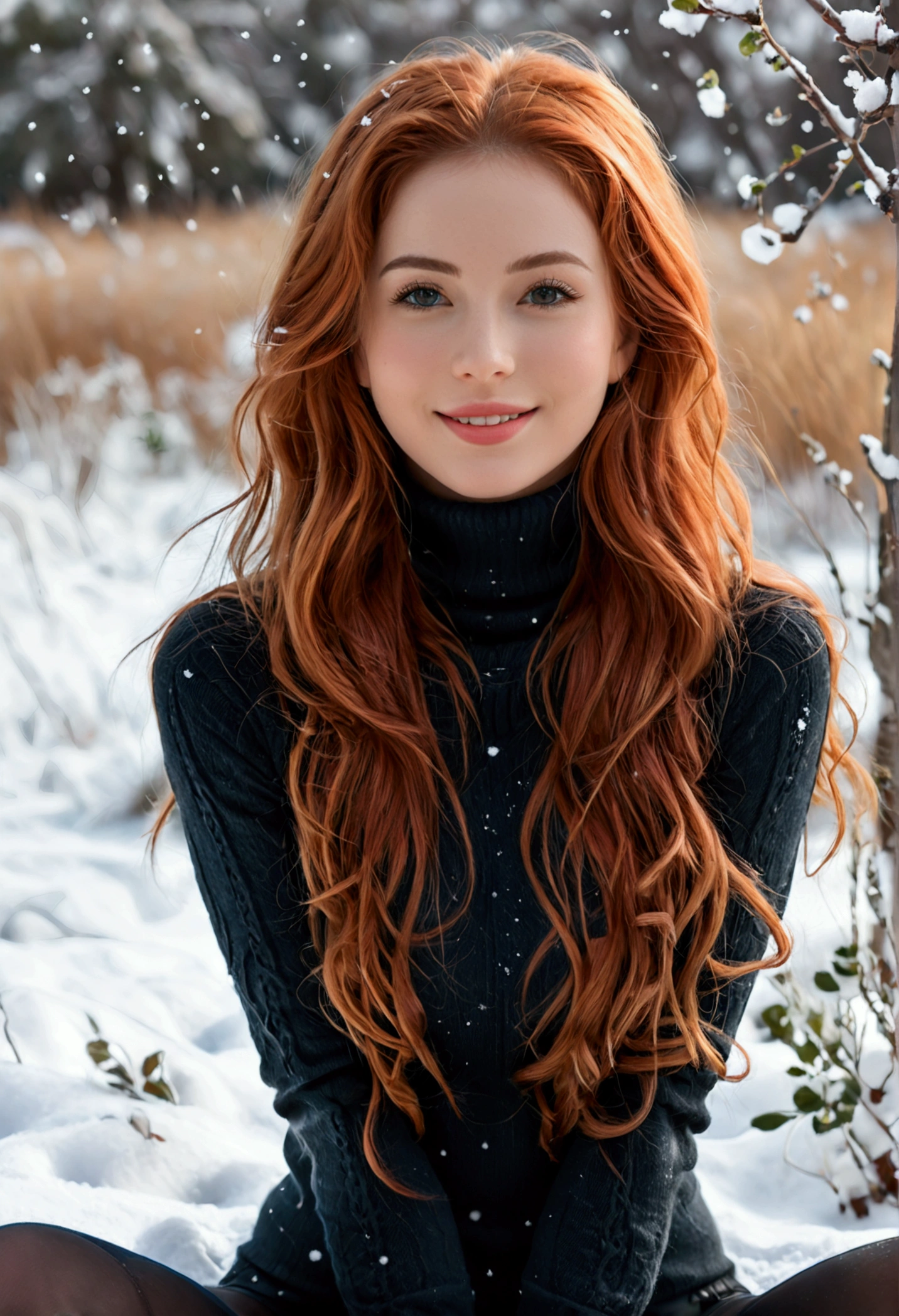 (full body shot:1.1) photorealistic image of a (standing pose:1.1) woman, ultra realistic, photography, long red hair, girl, 24 years old, hourglass figure, perfect body, Flirty look, natural medium breasts, blur background, A stylish photo that exudes glamour, a pair of beautiful legs, her perfect figure set off her fair skin in a turtleneck sweater and tight yoga pants. The scene is set in a snowy landscape, full of femininity. The girl has an infectious smile, captivating eyes, and a sensual expression that complements her for a truly captivating photo, she wears black ankle boots and is standing in the snow, (full body shot:1.1) photorealistic image of a (standing pose:1.1) woman, we see her head to toe, full body picture, full body, wide angle, wide angle shot