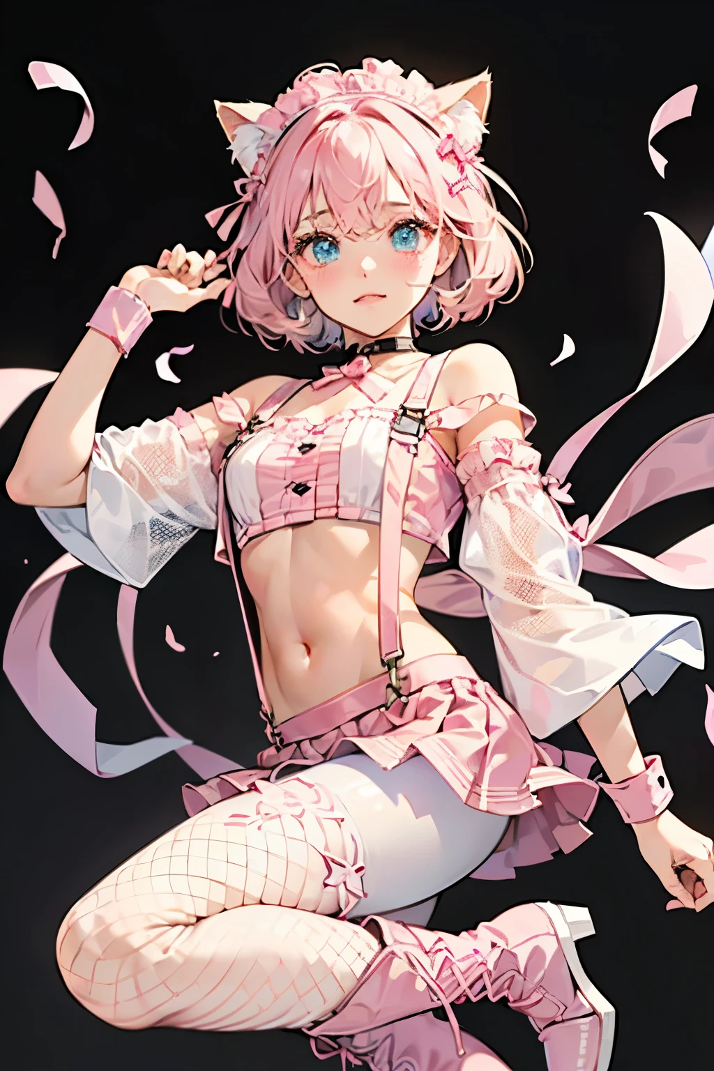 One girl, Blushing,
BREAK (pink and white theme:1.4), (headdress with pink fake cat ears:1.4), (wear a pink suspenders over an off-shoulder short-sleeve white crop top:1.4), (pink heart(symbol) print on crop top:1.3), ((stomach, navel):1.2), (low-rise pink latex (A-line:1.2) tiered skirt with suspenders:1.3), (pink tiered mini skirt with pink suspenders:1.3), (pink wristband:1.3), (has a beautiful mesh fishnet tights:1.3), (countless small pink ribbon decorations:1.3), (white latex platform boots:1.2),
White background,