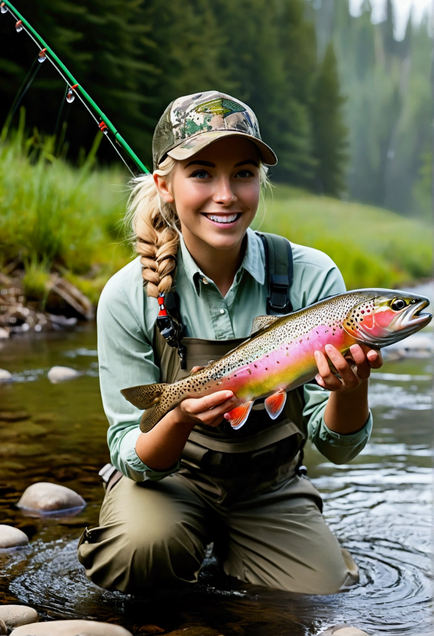 8K Quality, ultra-high definition real photo, deep mountain stream, Canadian stream, a beautiful blonde girl is lure fishing, she has just caught a rainbow trout, catching a rainbow trout with a catch net, her breasts are big, her figure is good, her smile is cute, she has a ponytail and is wearing a camouflage colored cap, the camera focuses on the rainbow trout with the lure in its mouth, the weather is clear, a quiet stream with early morning mist, dragonflies are flying.