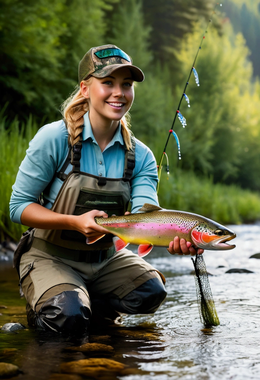 8K Quality, ultra-high definition real photo, deep mountain stream, Canadian stream, a beautiful blonde girl is lure fishing, she has just caught a rainbow trout, catching a rainbow trout with a catch net, her breasts are big, her figure is good, her smile is cute, she has a ponytail and is wearing a camouflage colored cap, the camera focuses on the rainbow trout with the lure in its mouth, the weather is clear, a quiet stream with early morning mist, dragonflies are flying.