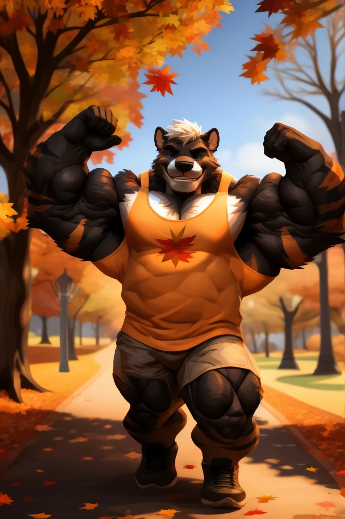 a muscular furry park in park, tank top, happy, autumn, vector, mwvector, bokeh, smile, (masterpiece:1.2),(best quality,8k),huge and muscular,thick arms,short hair,white hair