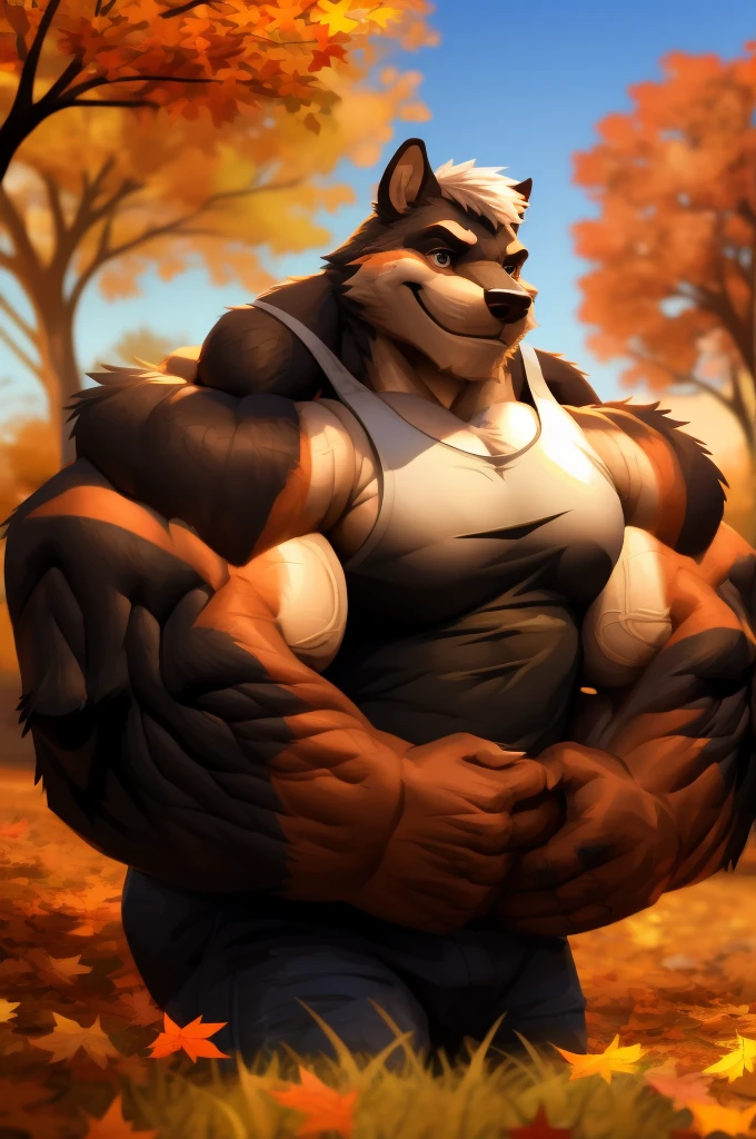 a muscular furry park in park, tank top, happy, autumn, vector, mwvector, bokeh, smile, (masterpiece:1.2),(best quality,8k),huge and muscular,thick arms,short hair,white hair