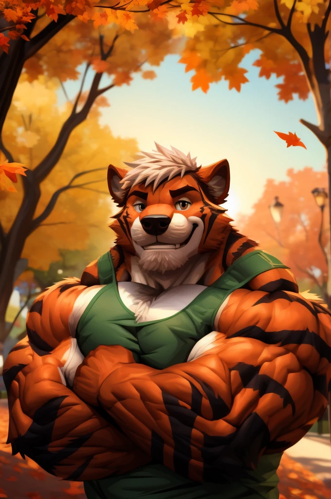 a muscular furry park in park, tank top, happy, autumn, vector, mwvector, bokeh, smile, (masterpiece:1.2),(best quality,8k),huge and muscular,thick arms,short hair,white hair