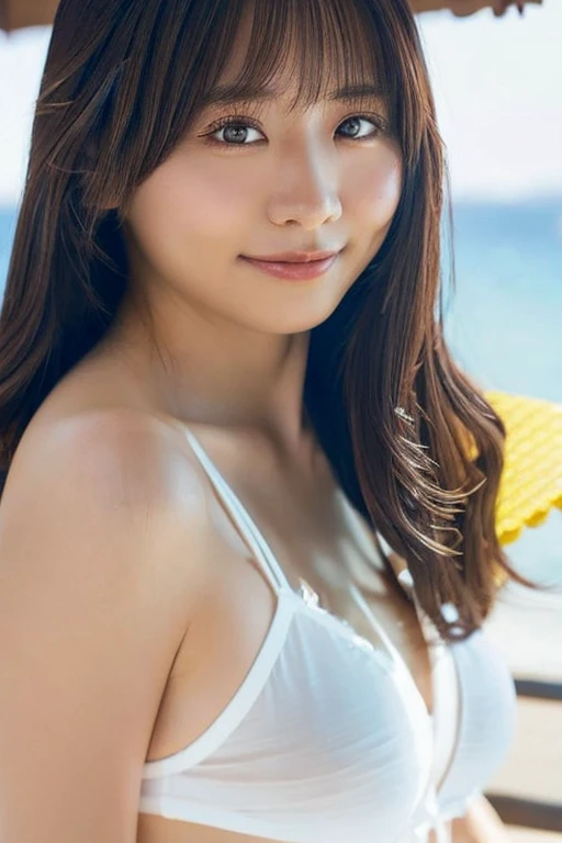 Young and beautiful Japan woman,, Light shiny brown messy medium length hair, Wearing a white micro bikini, Perfect dynamic composition, Beautiful Eyes, Thin Hair, Detailed and realistic skin texture, Gentle expression, smile, Model body type、whole body、Facing forward