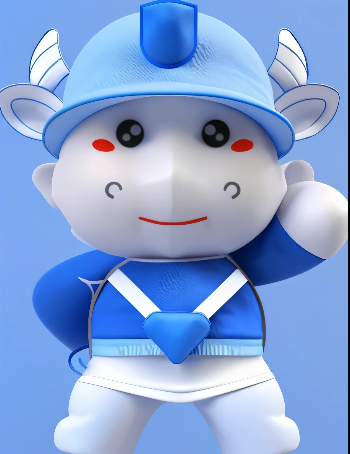 Cartoon doll wearing a hat，Blue Hat，Blue clothes，White pants，strap，3D Rendering，3D Model