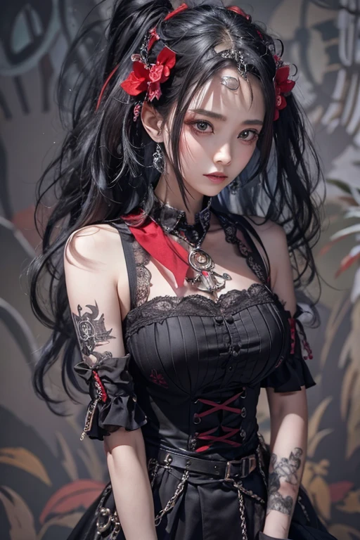 Highest quality、8k、masterpiece:1.3、Gothic Punk、The inner color is red、Gray Black Hair、hair ornaments、beautiful girl、creative、Punk Shirt、Neogoth、Goth Fashion:1.2、High resolution、masterpiece、Highest quality、頭w:1.3、((Hasselblad Photos))、Fine skin、Sharp focus、(Cinema Lighting)、Explore Tokyo'The city at night beyond the neon lights, Forehead open, 17 years old、Petting'Hair back、Shoulder Bare、Small red rose tattoo on the décolletage、Just one tattoo