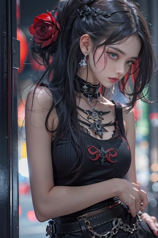 Highest quality、8k、masterpiece:1.3、Gothic Punk、The inner color is red、Gray Black Hair、hair ornaments、beautiful girl、creative、Punk Shirt、Neogoth、Goth Fashion:1.2、High resolution、masterpiece、Highest quality、頭w:1.3、((Hasselblad Photos))、Fine skin、Sharp focus、(Cinema Lighting)、Explore Tokyo'The city at night beyond the neon lights, Forehead open, s old、Petting'Hair back、Shoulder Bare、Small red rose tattoo on the décolletage、Just one tattoo