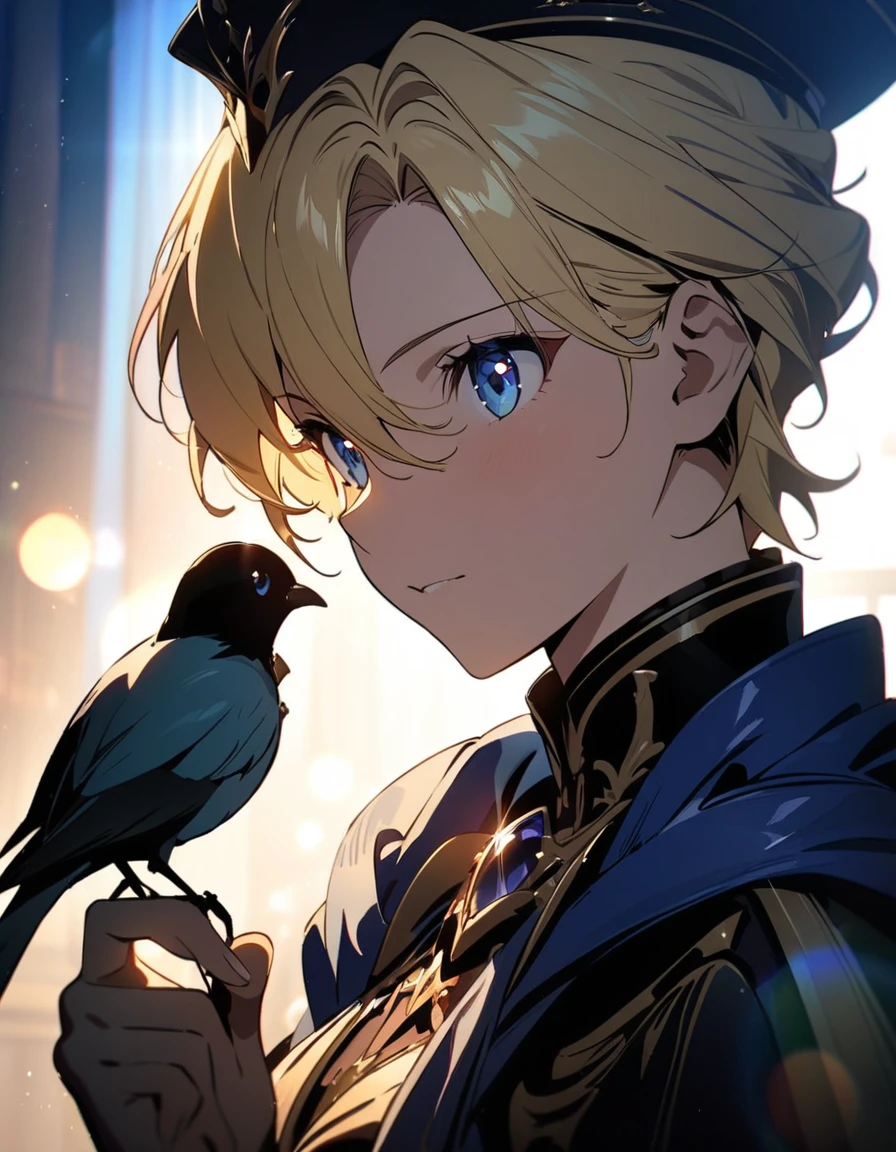 "{{masterpiece}}, Highest quality, Cinema Lighting, Captivating lens flare,Wearing a blue cape and hat、Anime character holding a bird, Portrait of the Blonde Prince, Inspired by Le Chevalier,Machiavelli&#39;s Puppet Master, okita sougo, 青い目をした背の高いアニメのmale,Handsome,male, [[[[smile wickedly]]]], Anime boy with orange hair, Fascinating colorful light particles, Attractive heterochromia, (Vivid and vibrant:1.5), (Vibrant and lively hair:1.5).", Cyan eyes, , (8k, Original photo, Highest quality, masterpiece: 1.2), (practical: 1.6), (masterpiece), (Highest quality: 1.0), (Ultra-high resolution: 1.0), detailed, only, detailed beautiful skin, detailed room, practical skin, High quality CG, fair