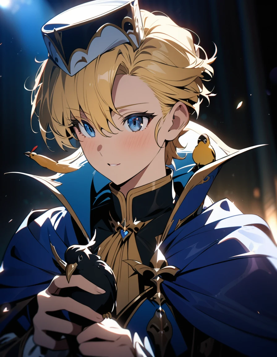 "{{masterpiece}}, Highest quality, Cinema Lighting, Captivating lens flare,Wearing a blue cape and hat、Anime character holding a bird, Portrait of the Blonde Prince, Inspired by Le Chevalier,Machiavelli&#39;s Puppet Master, okita sougo, 青い目をした背の高いアニメのmale,Handsome,male, [[[[smile wickedly]]]], Anime boy with orange hair, Fascinating colorful light particles, Attractive heterochromia, (Vivid and vibrant:1.5), (Vibrant and lively hair:1.5).", Cyan eyes, , (8k, Original photo, Highest quality, masterpiece: 1.2), (practical: 1.6), (masterpiece), (Highest quality: 1.0), (Ultra-high resolution: 1.0), detailed, only, detailed beautiful skin, detailed room, practical skin, High quality CG, fair