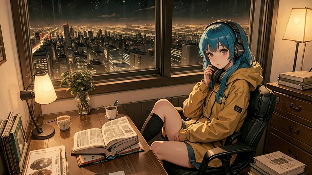 80s anime style: Wide shot of cute 21-year-old girl with long blue hair in dimly lit bedroom at night. Sitting at desk with books, wearing headphones and loose parka. Coffee, relax. Kind face looking at viewer. Full body visible in relaxed pose. Room lit by desk lamp. Large window shows vibrant Tokyo night cityscape with neon lights. High-quality illustration emphasizing contrast between dark room and bright city lights.