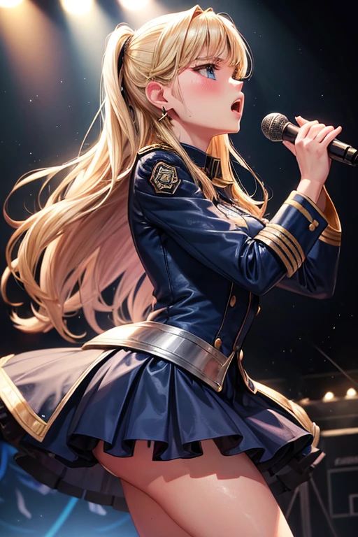 One adult woman,cool,Beauty,blush,Navy blue military uniform lolita,straight,long,Blonde,Blue Eyes,Big earrings,Singing on stage,Singing passionately,Sweat,Spotlight,