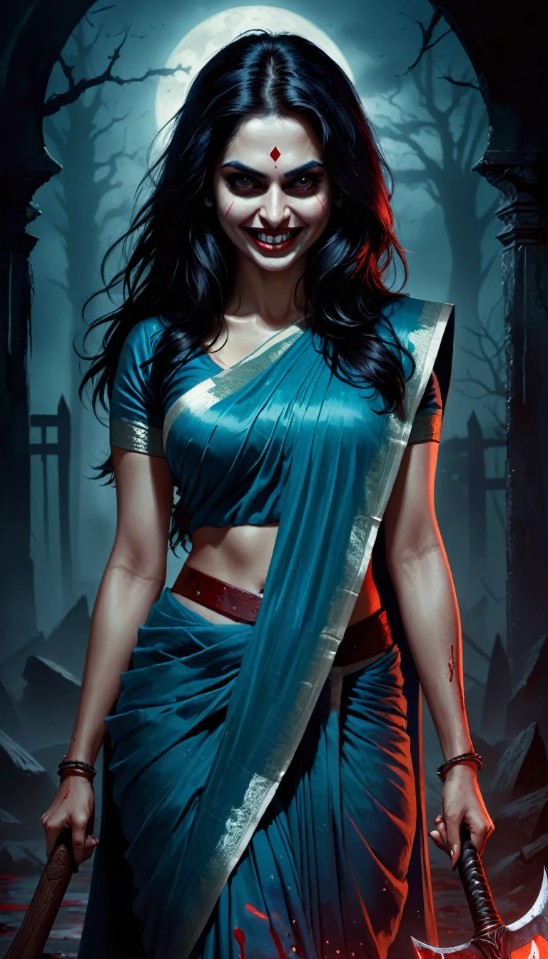 Digital illustration with a dark, eerie style. The layout features a central figure, a woman with long, disheveled black hair, towards the viewer., holding an axe, Her skin is pale, and her eyes are glowing white, scary looks, cruel smile on face, blood on teeth, giving her a menacing appearance. She has a wide, sinister grin with sharp teeth. The woman is dressed in a blue sari, dark atmosphere, scary bloody ambience